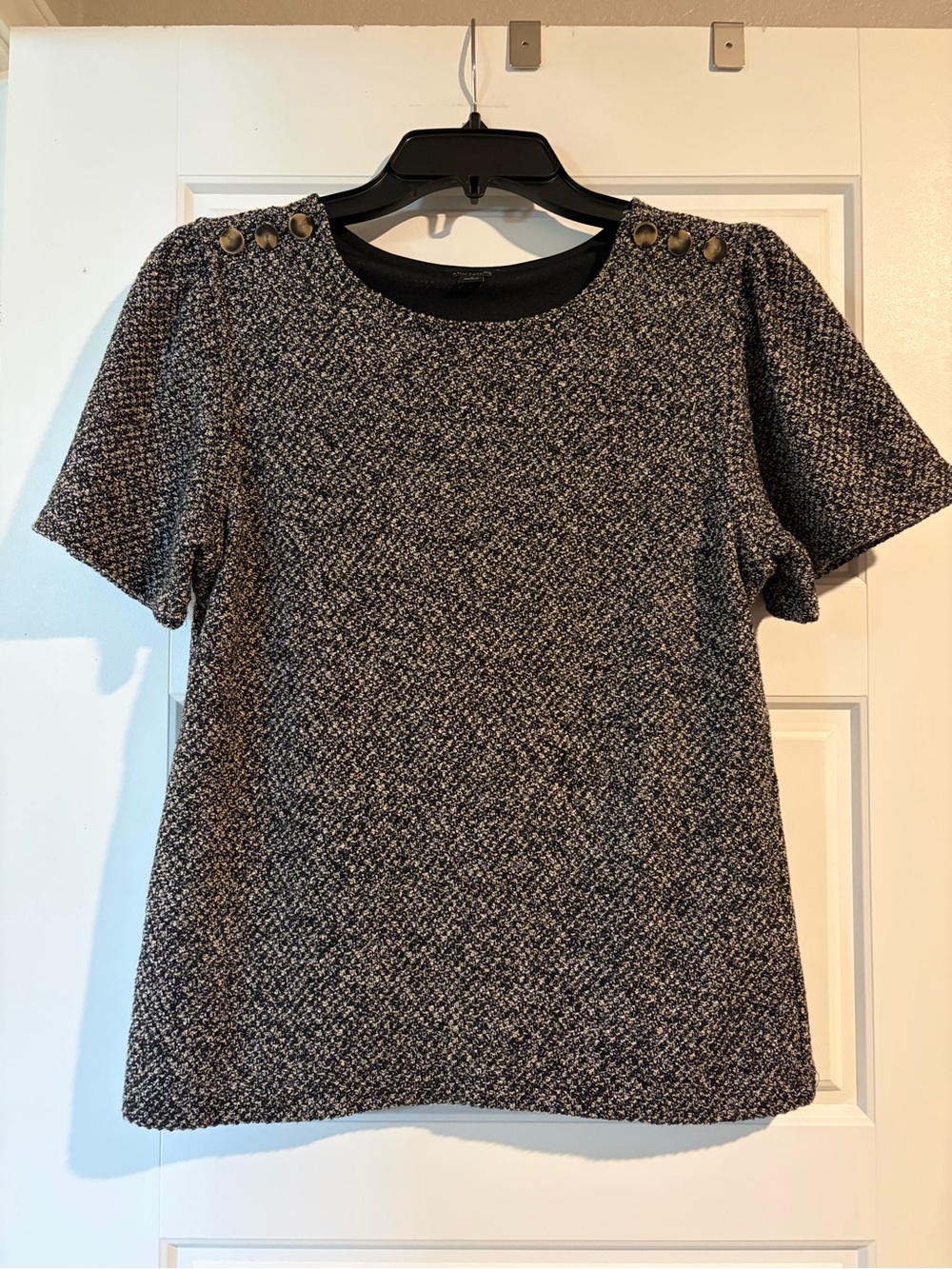 Ann Taylor | Black, Gray, Brown Textured Boucle Top with Tortoise Buttons| Sz S
